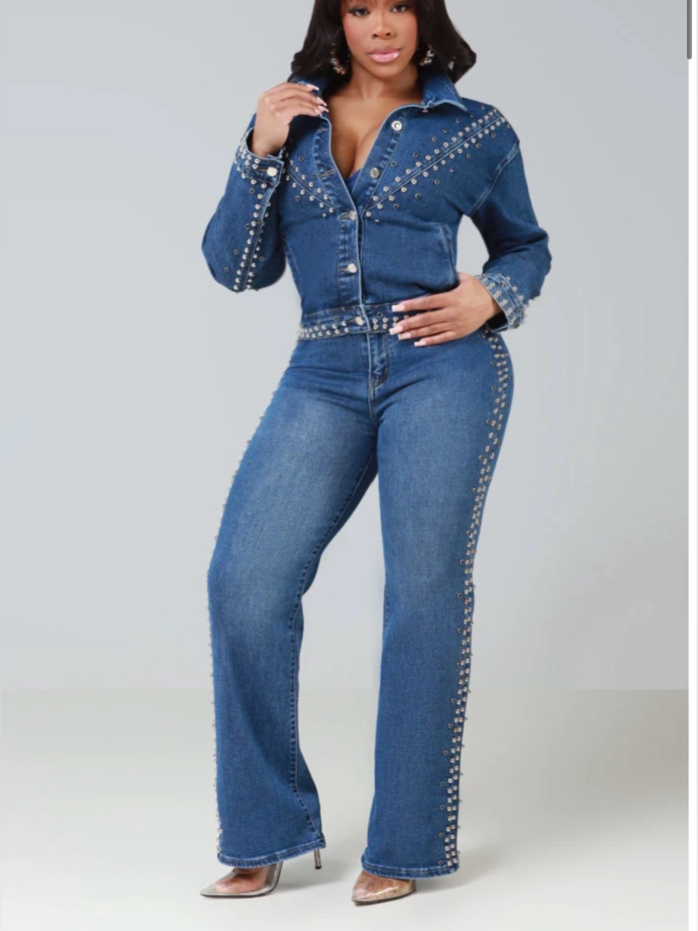 Studded Dark Blue Denim Jeans - Women